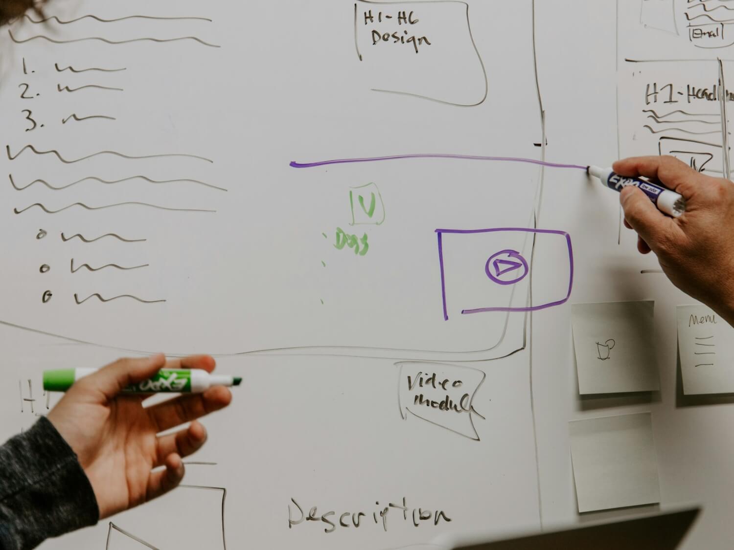 Two people drawing on a whiteboard.